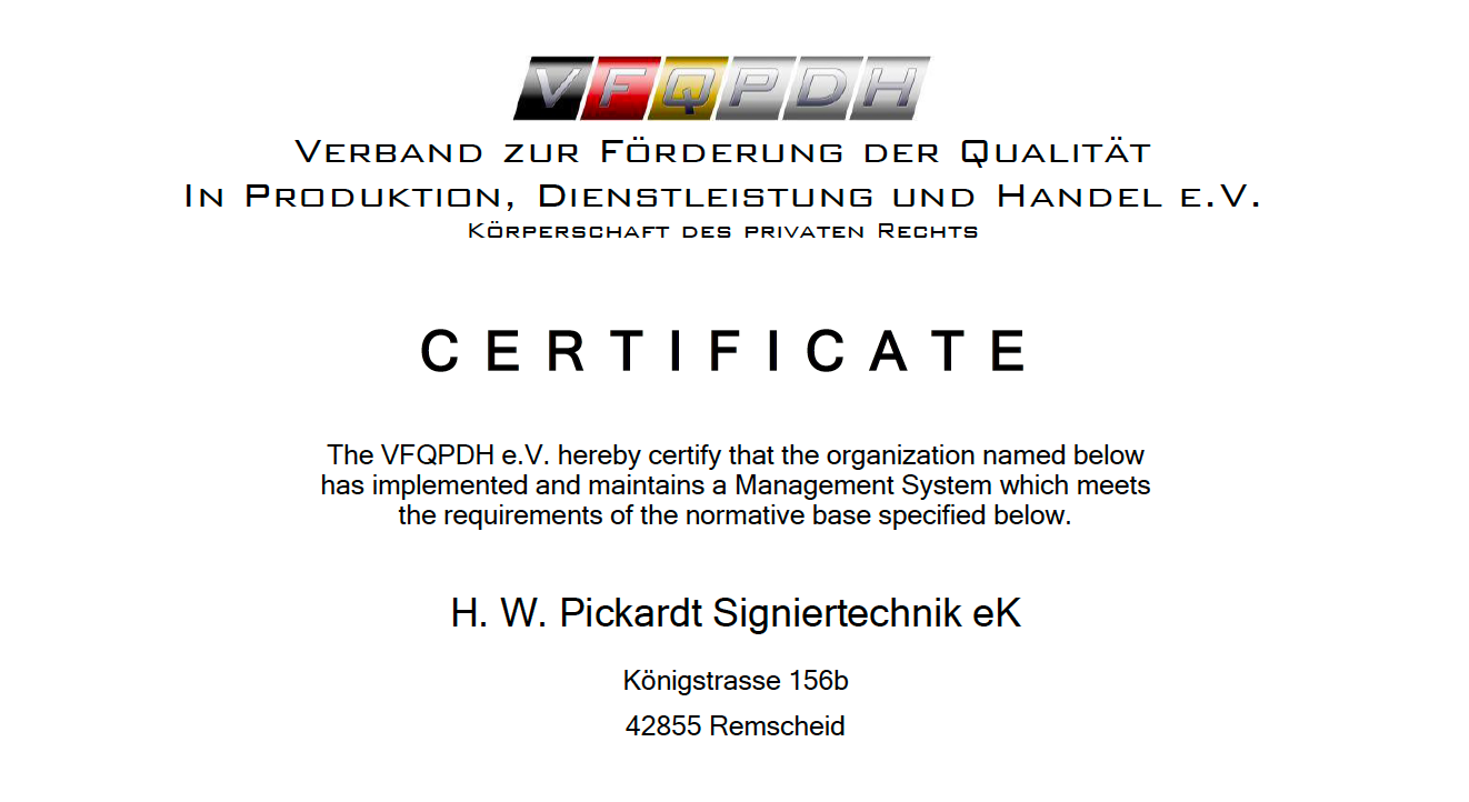 Certificate from the Verband zur Förderung der Qualität in Produktion, Dienstleistung und Handel E.V.