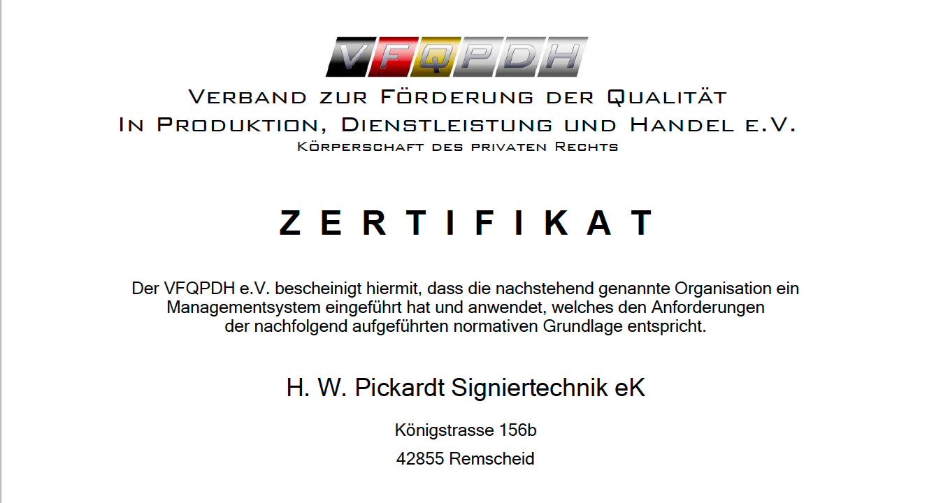 Zertifikat Verband zur Förderung der Qualität in Produktion, Dienstleistung und Handel E.V.